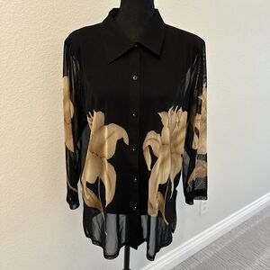 Vintage Bella Dona Long‎ Sleeve Blouse Top Size Medium Lily Flower Sheer Floral